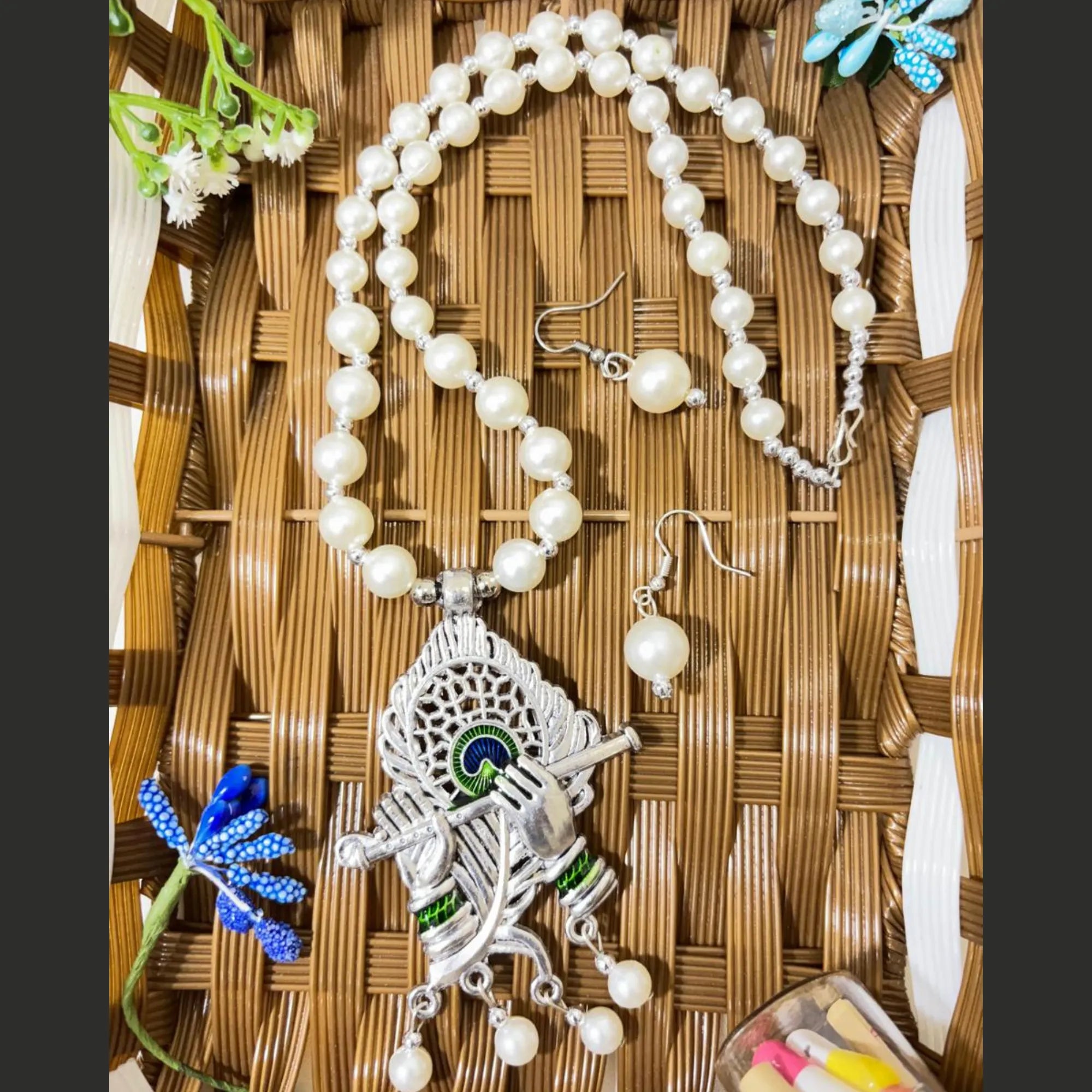 Divine Melody Pearl Krishna Pendant Necklace Set