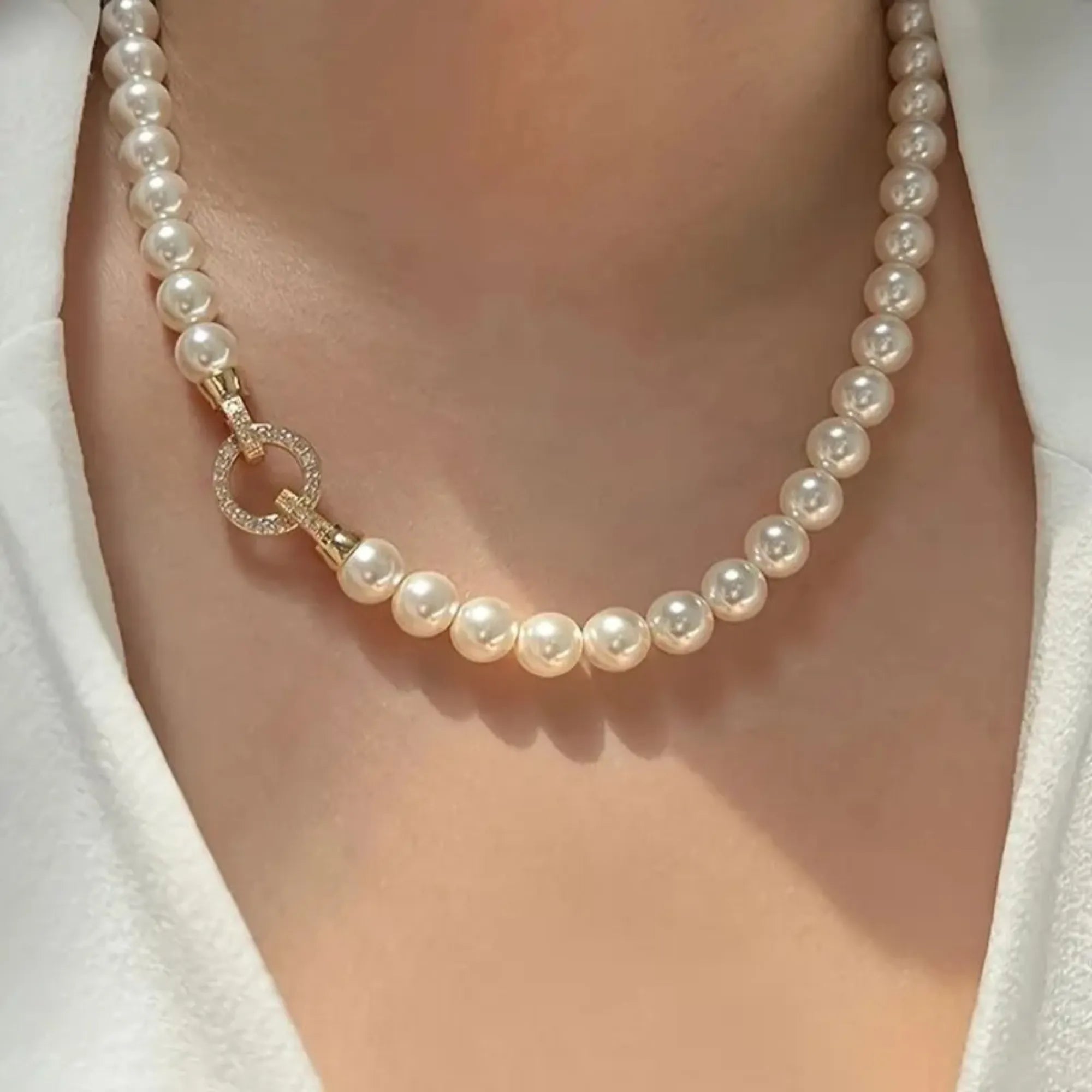 Golden Grace Pearl Necklace with Elegant Ring Clasp