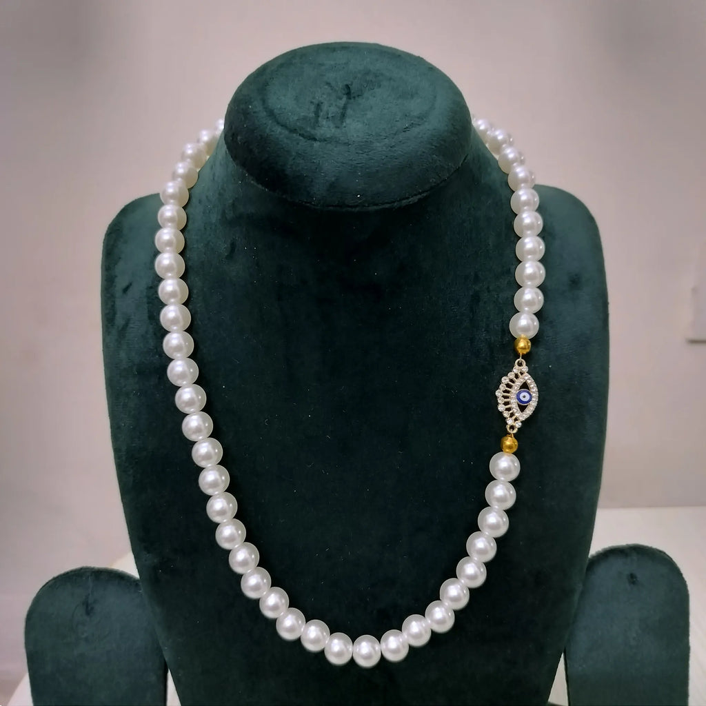 Classic Pearl Necklace with Golden Evil Eye Charm