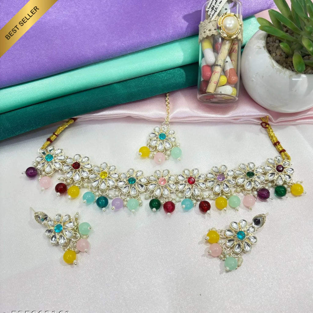 Radiant Kundan Blossom Necklace Set with Color Beads
