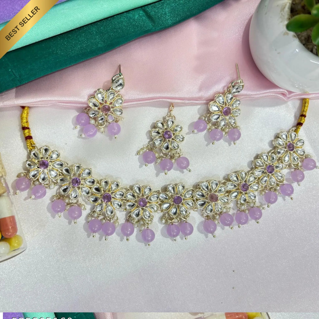 Radiant Kundan Blossom Necklace Set with Color Beads